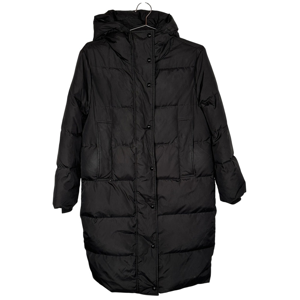 Minimalist Black Puffer Coat Long Quilted Hooded Parka Jacket‎ Size Small